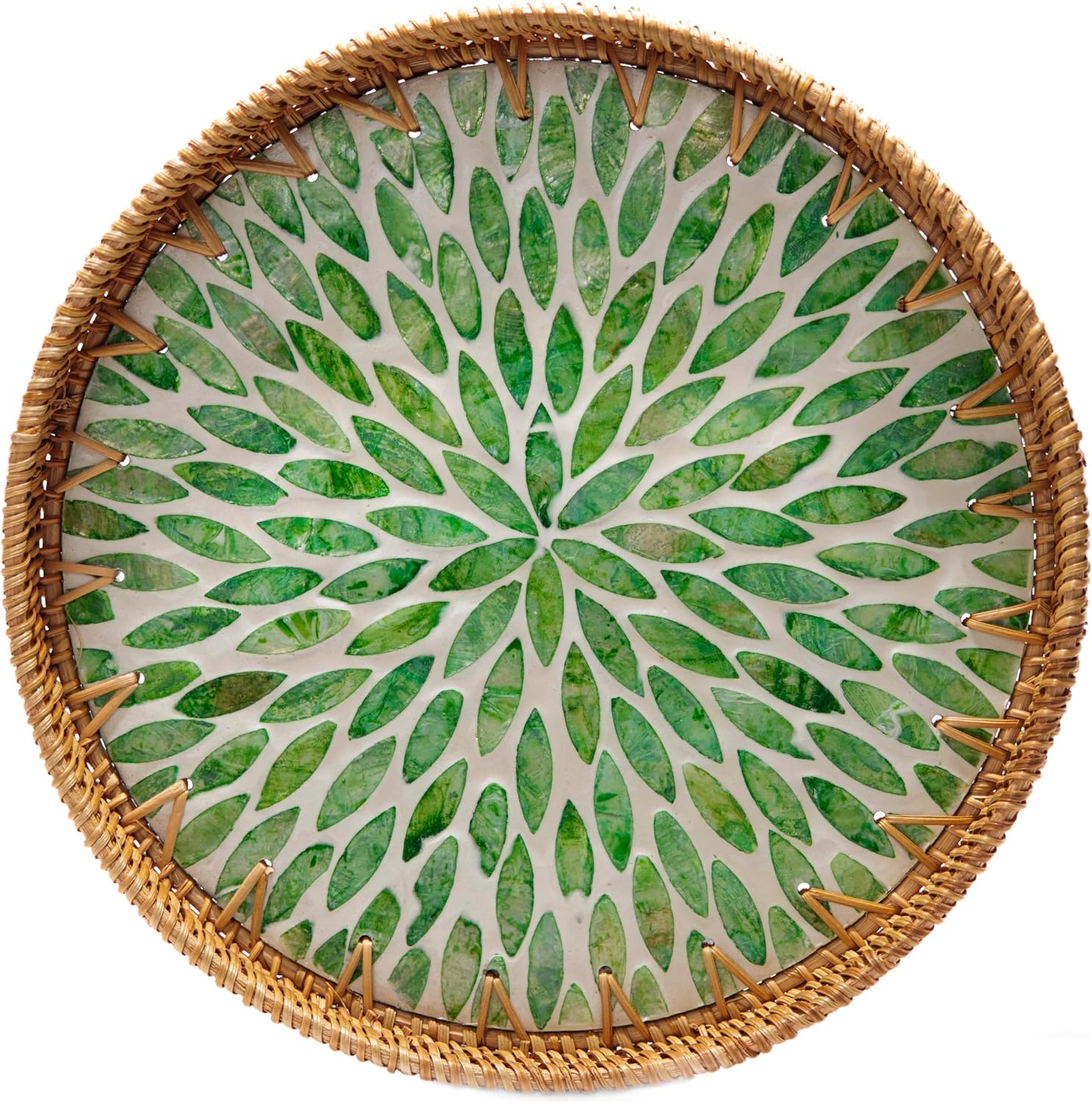 A woven decorative tray arranged with everyday home items